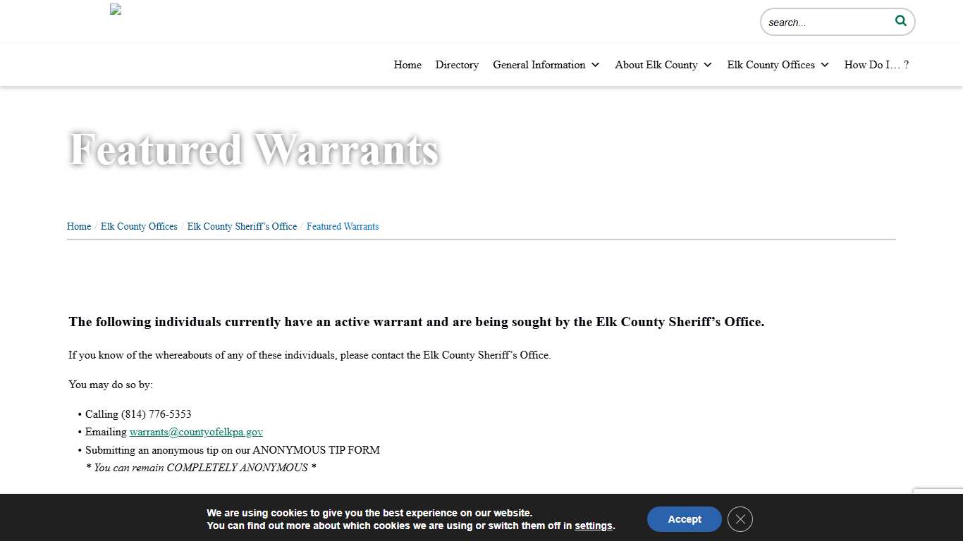 Featured Warrants - Elk County