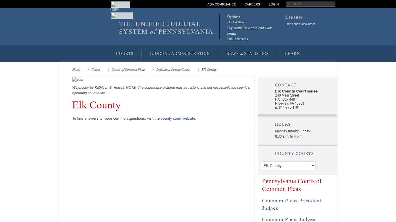 Elk County Individual County Courts Courts of Common Pleas Courts Unified Judicial System of Pennsylvania